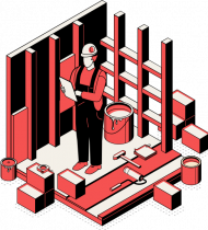 Cartoon graphic of man in hard hat in a room with tools.